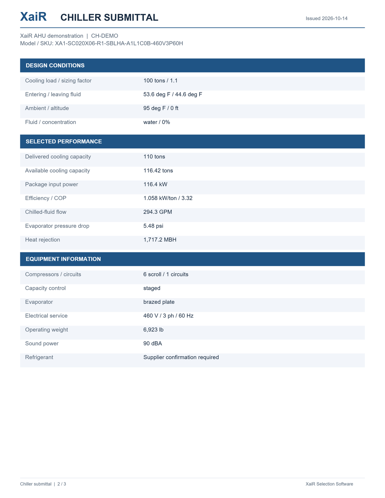 Chiller submittal page 2 with design conditions and selected performance