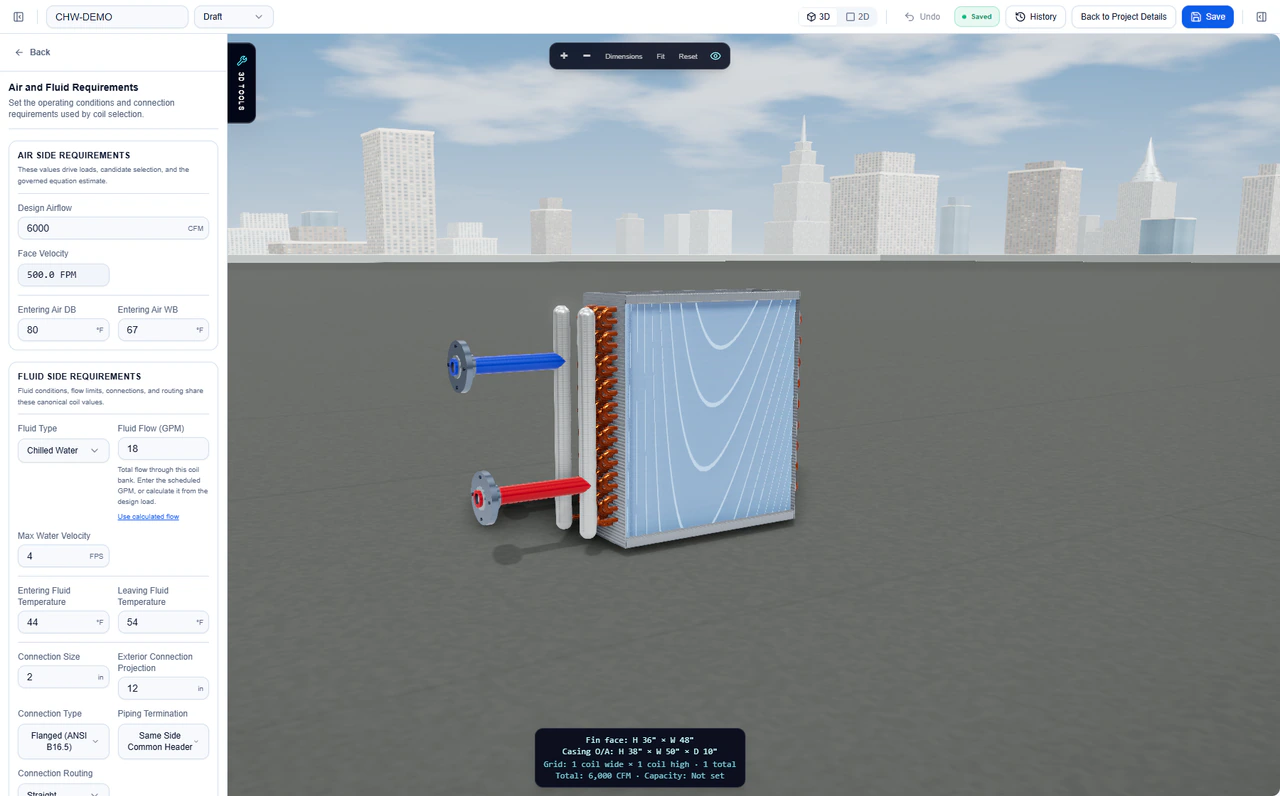 Current standalone coil air and fluid duty inputs beside the 3D assembly
