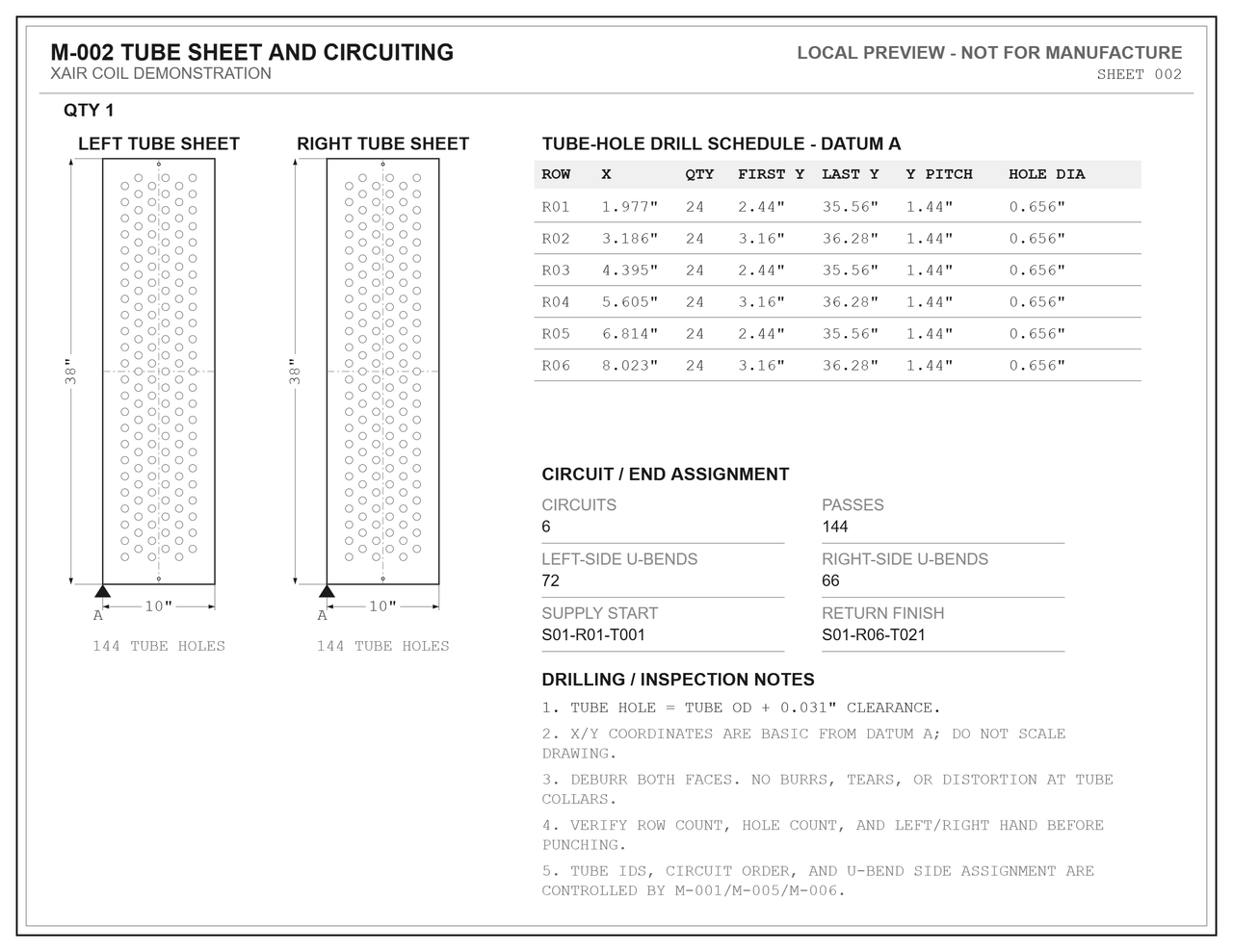 M-002 coil tube-sheet drilling and circuit-end assignments